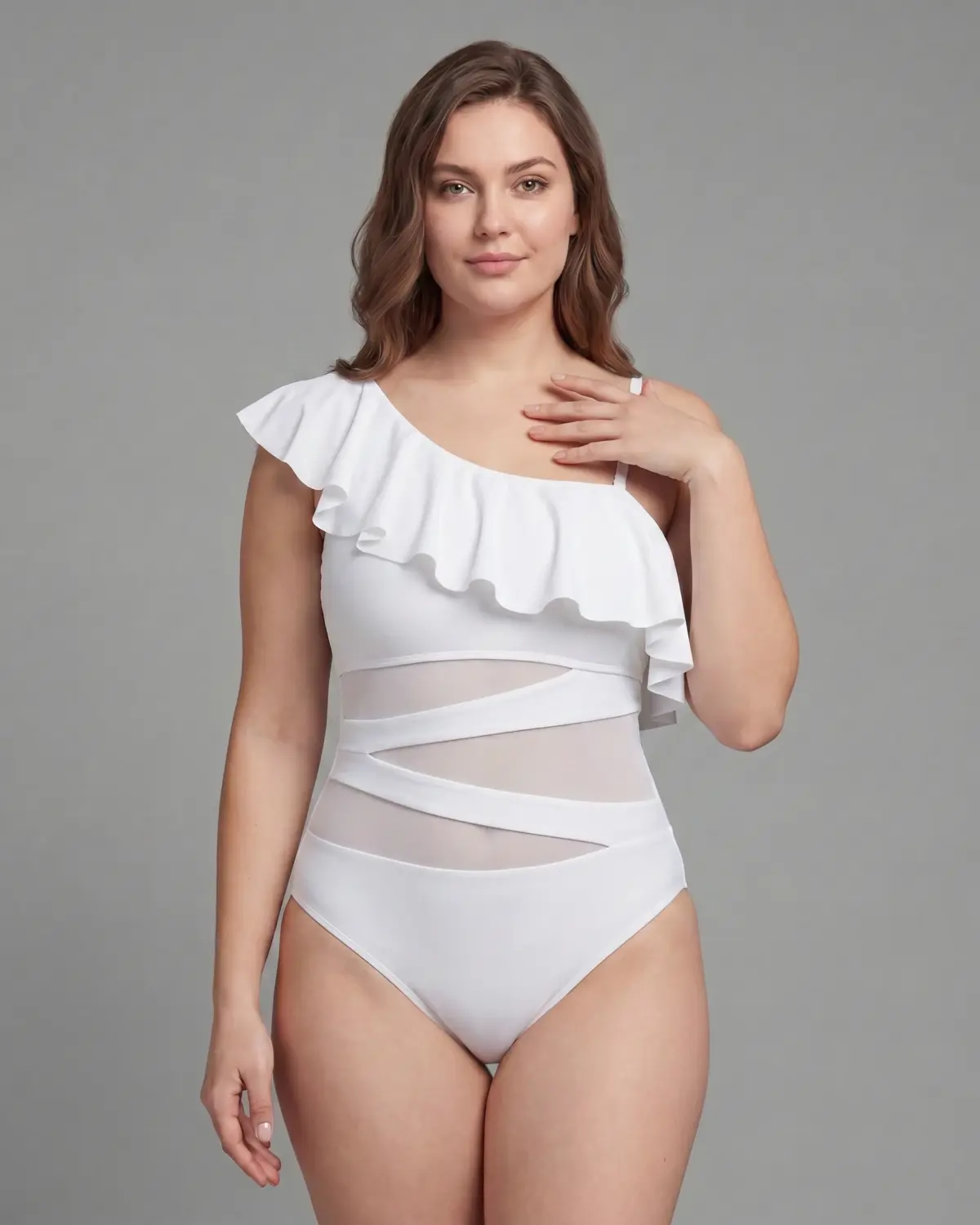White ruffled one-shoulder swimsuit